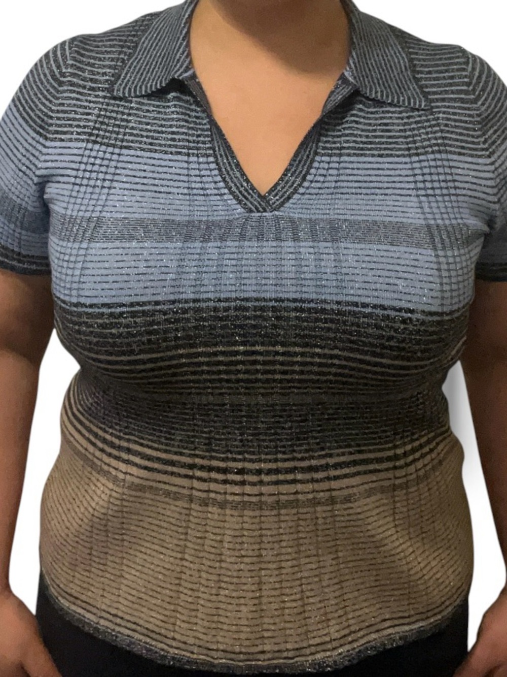 BCBG Short Sleeve Striped Knit Polo Top in Blue and Tan